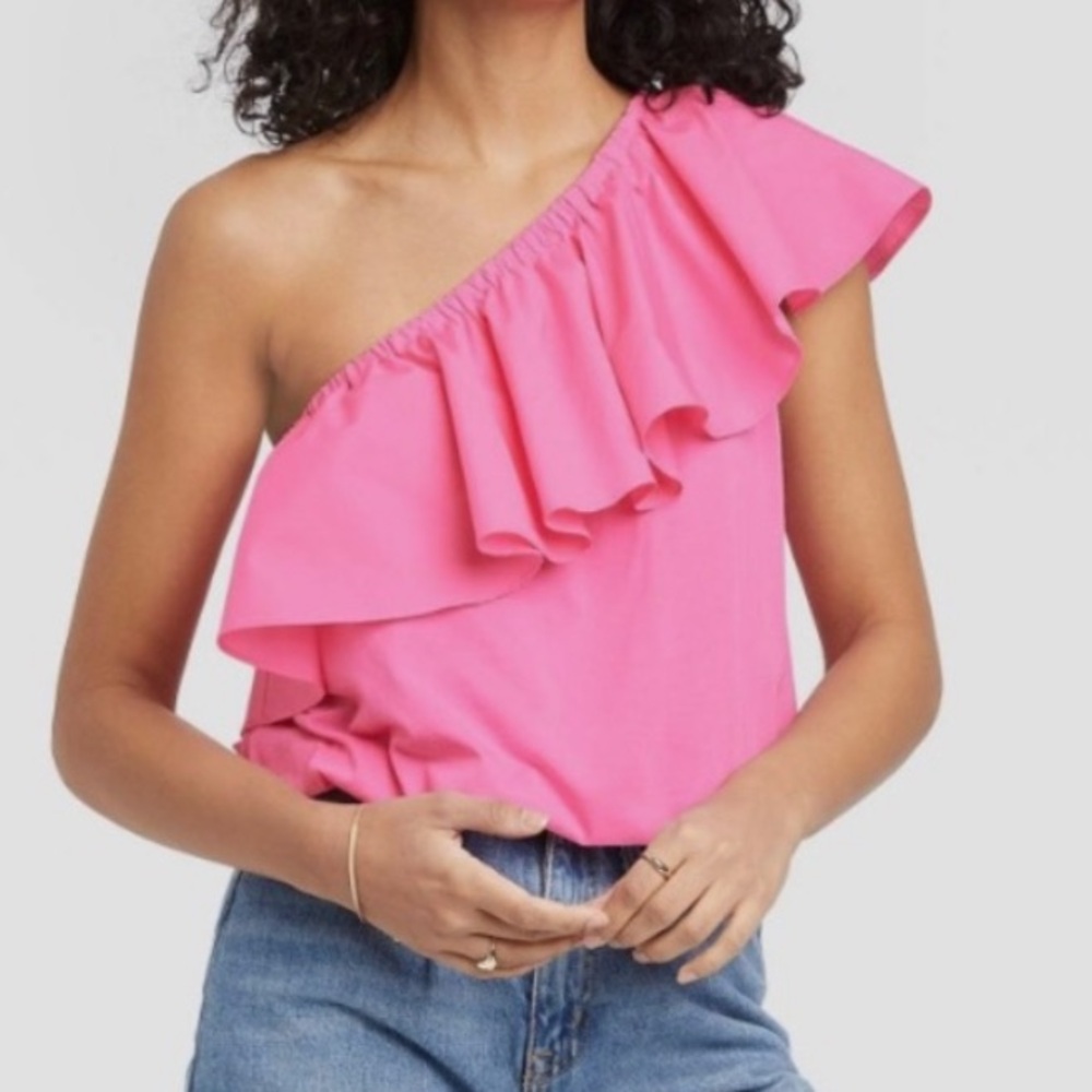 Pink ruffle one shoulder top